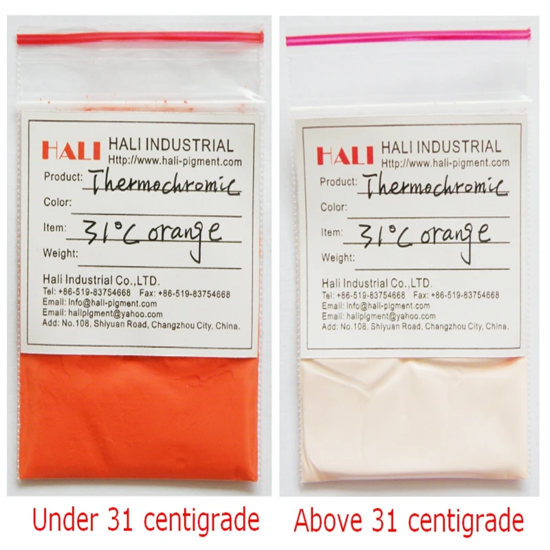 

thermochromic powder,hot active pigment,heat sensitive pigment,color:orange,activate temperature:31C,43C,1lot=10g.