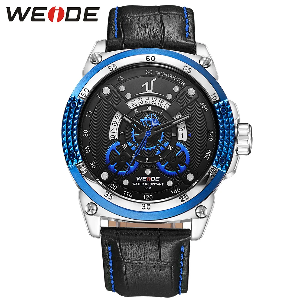 

WEIDE Fashion Casual Fashion Leather Strap Sports Model Men's Quartz Clock Man Army Military Waterproof Unique Blue Wrist Watch