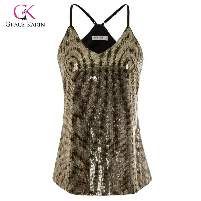 Preise Gnade Karin Sexy Top Frauen V ausschnitt Sparkle Pailletten Tank Top Sommer Spaghetti trägern Leibchen Cami Party Club Strappy Tank Clubwear