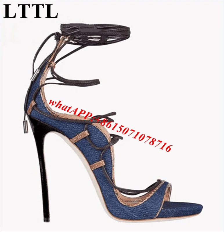 

Brand Shoes Hot Fashion Runway Shoes Blue Denim Open Toes Sexy Cross-tied Women Summer Sandals High Heeled Sandalias Shoes