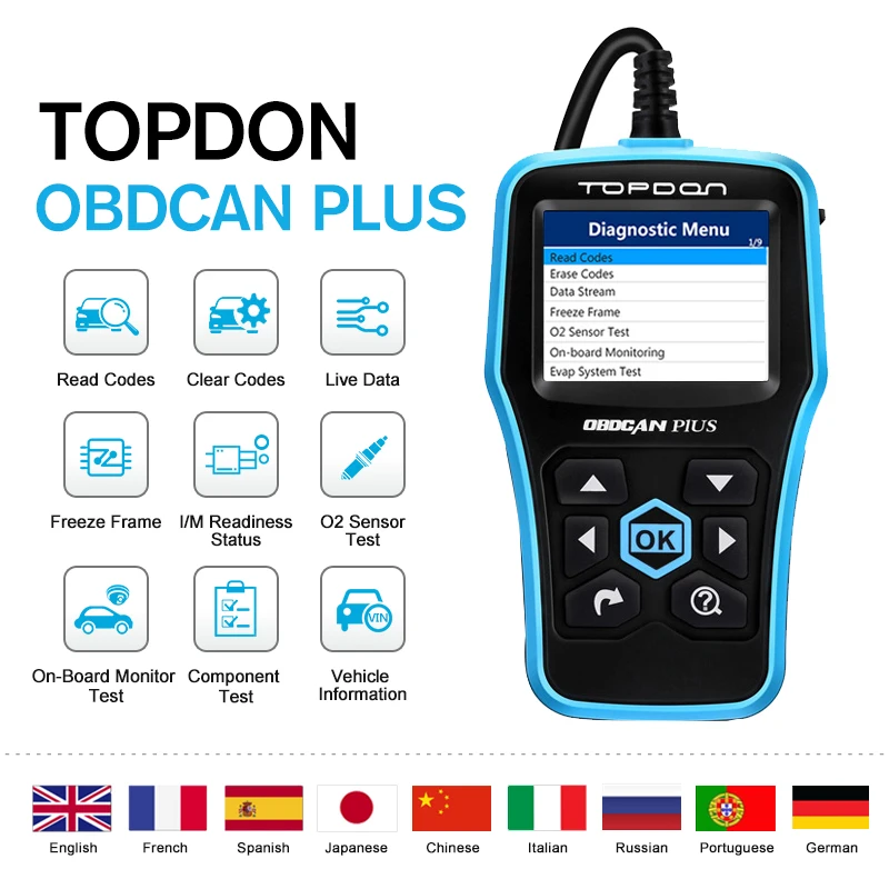 TOPDON OBDCAN PLUS 2,0 OBD2 сканер автомобильный диагностический инструмент автоматический считыватель кодов графический дисплей DTC поиск отключение MIL печать данных