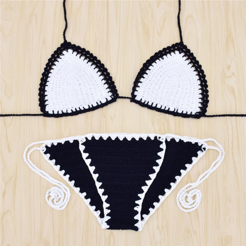2019 Handmade Crochet Micro Thong Bikini Knitted Swimsuit Girls Brazilian Bikini Set Bralette Solid Halter Swimwear Women (20)