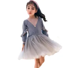 New Autumn Winter Girls Wool Knitted Sweater Baby Girl Cotton Dress Girls Party Wedding Dresses Baby Stitching Mesh Clothes G302