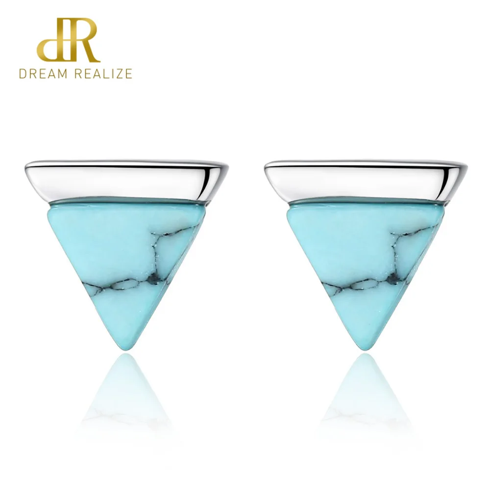 

DR Real Sterling Silver 925 Stud Earrings for Women Triangle Created Turquoise Petite Post Earring Female Dating Jewellery