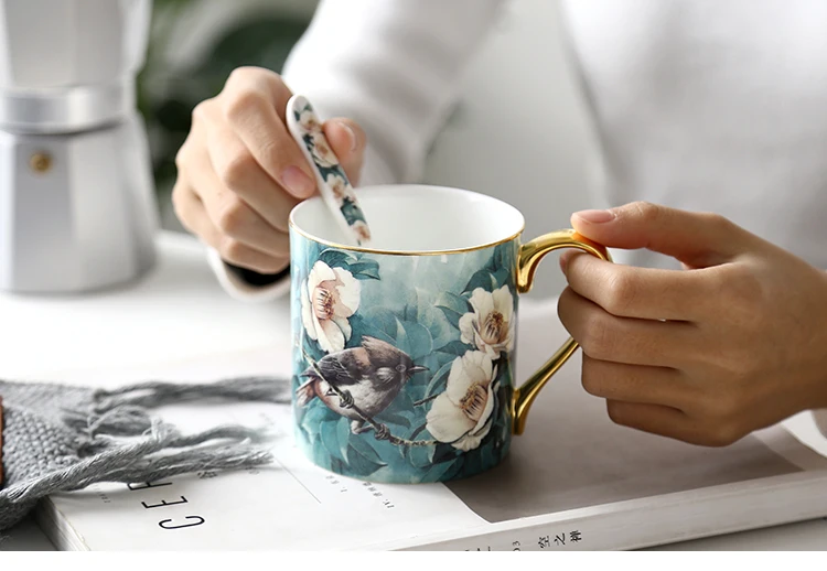 Кукушка птица Золотой костяной фарфор кружка с большой вместительностью-Керамика завтрак кружка, Офисная Кружка Творческий Кофе чашки с ложка Подарочная чашка