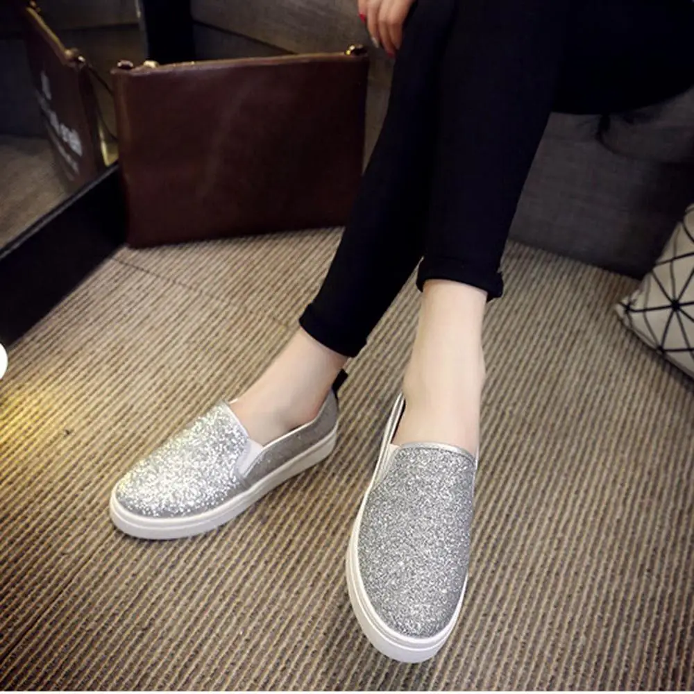 2018 New Women platform Loafers Silver Sequined Cloth Slip on Flat