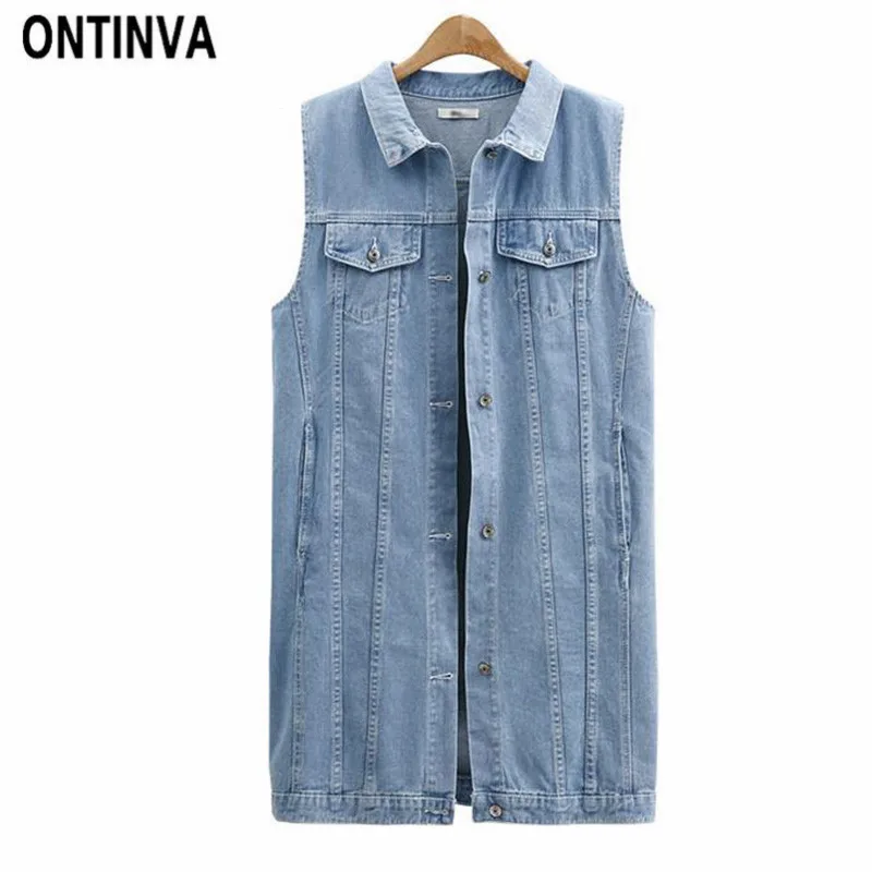 Light Blue Oversize Denim Long Vest Coat Woman Fashion Sleeveless Jeans