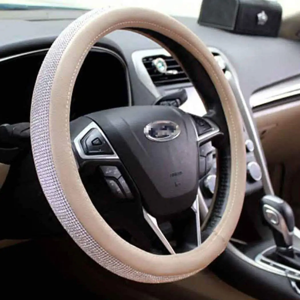 

Bling Bling Rhinestones Leather Steering Wheel Cover Crystal for Girls Lady Universal Fit 38cm