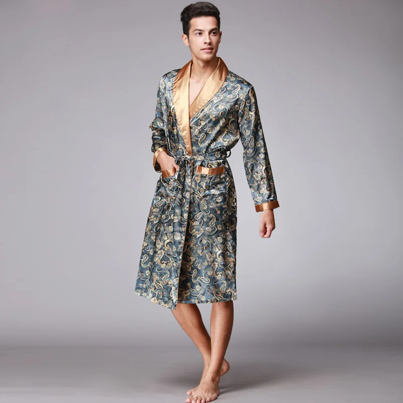 

Chinese Style Men Satin Bathrobe Robe Long Sleeve Pajamas Vintage Print Nightgown Sleepwear Kimono Spring Autumn Home Wear