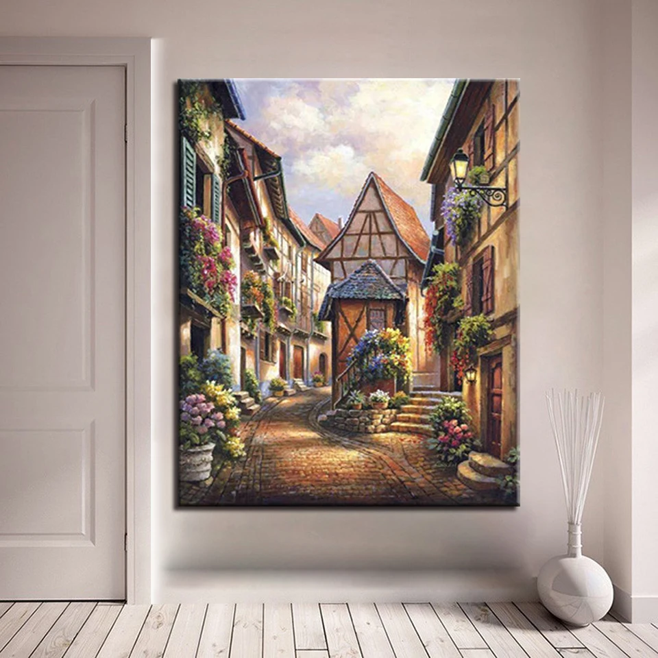 

Coloring On Canvas Hand Frame Wall Modular Paints Art Small Town Dusk View Paint DIY By Numbers Oil Painting Pictures Drawing