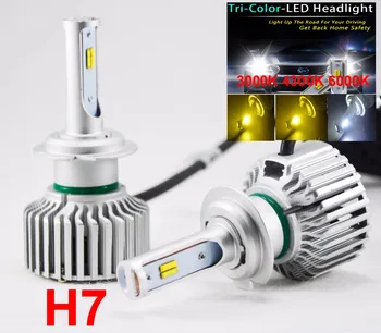 

1 Set H7 Tri-Color LED Headlight 60W 8000LM 3-Color Retrofit 3000K 4300K 6000K Change Golden Amber Yellow White CSP Chips Bulb