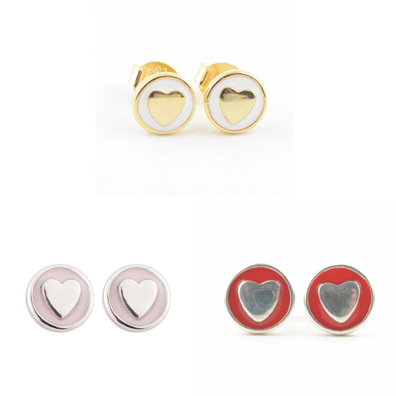 

925 Sterling Silver Orginal Round Heart Sweet Statements Europe Stud Earrings Pink Gold Red Enamel for Women Gift DIY Jewelry