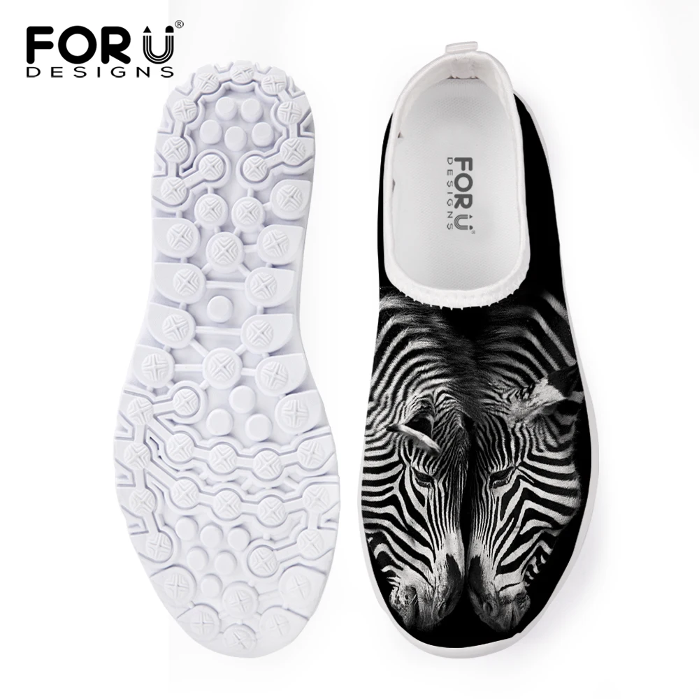 

FORUDESIGNS Black 3D Zebra Printed Women Summer Sneakers Light Weight Air Mesh Flats Shoes for Ladies Beach Loafers Custom