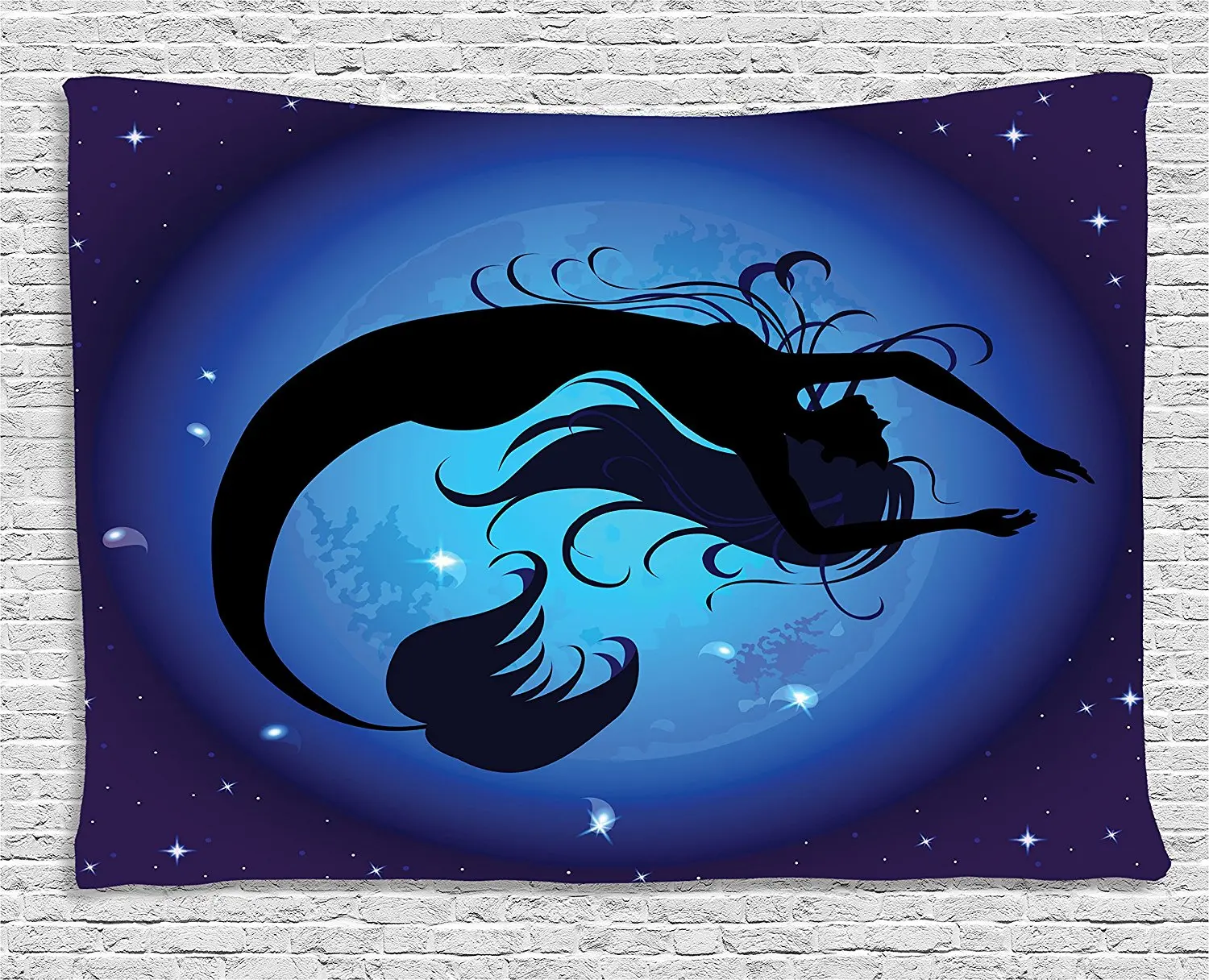 Mermaid Decor Tapestry Silhouette of Legendary Aquatic Girl on Moon Sky