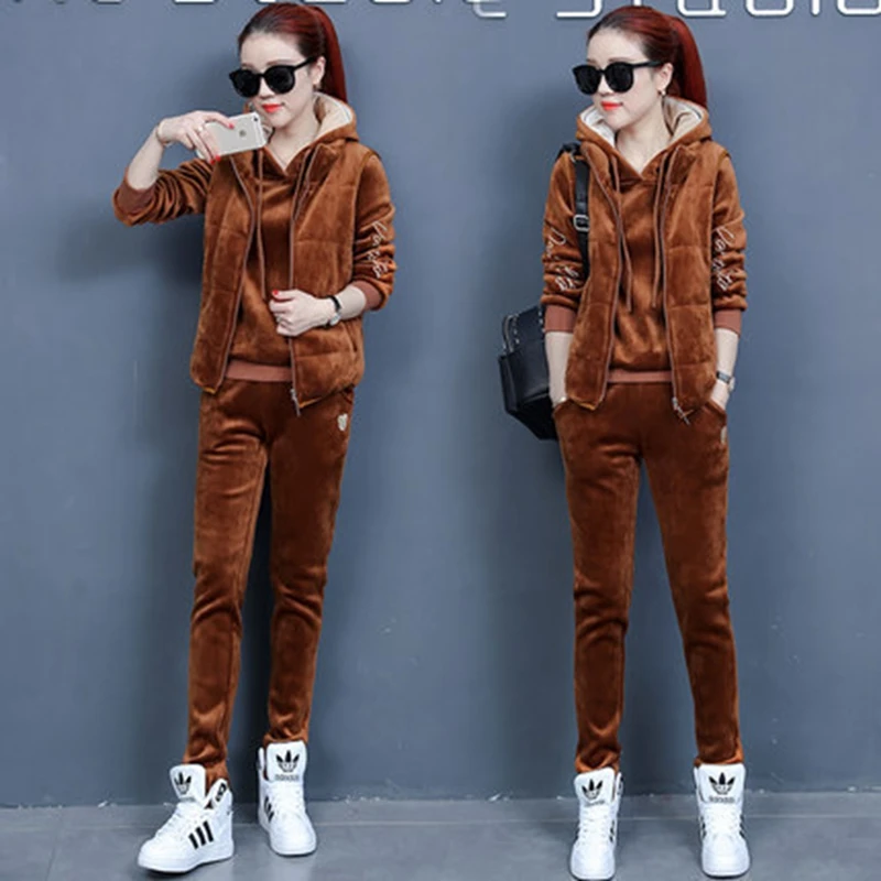 Women Suit Tracksuit Winter 3 Piece Set Hoodies + Vest + Pants Women's Costume Plus Velvet Sporting Suits Female Costume 