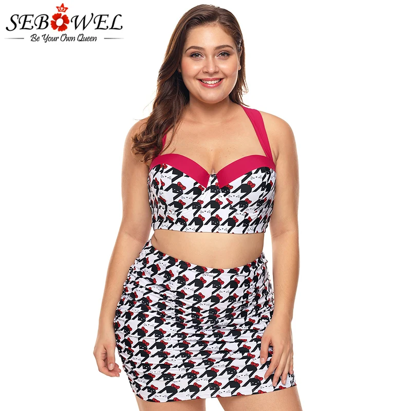 Black-White-Kitty-Print-Plus-Size-Bikini-Top-with-Skirt-Swimwear-LC410748-31542 