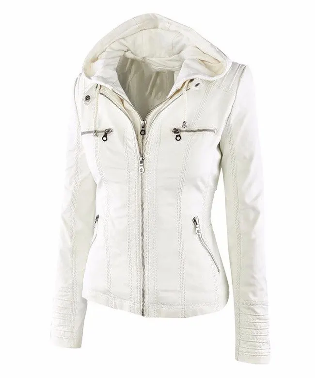 SHUJIN Женская куртка из искусственной кожи, осенняя мотоциклетная куртка размера плюс, женская кожаная куртка с капюшоном, Повседневная Уличная одежда, плащ-ветровка - Цвет: White