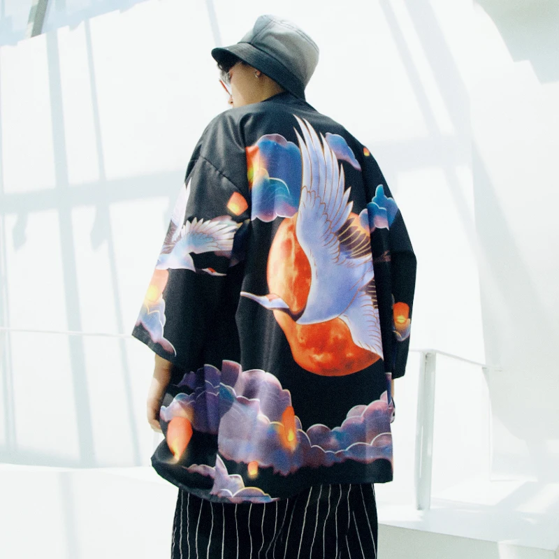 

Plus Size Oversized Loose Sun Crane Graphic Printing Summer Jacket Streetwear Hip Hop Kimono Japanese Yugata Cardigans Cosplay