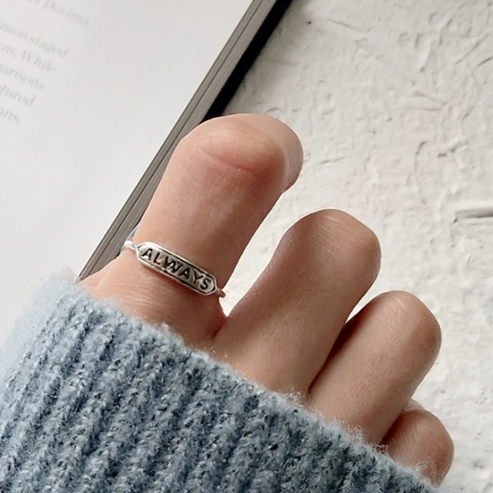 

925 Sterling Silver Adjustable Vintage Silver Minimalist Initial " Always " Love You Valentine's Day Gift Wedding Ring For Girls