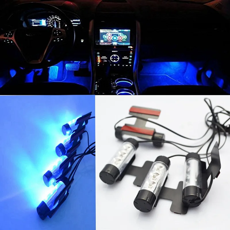 

KATUR High Quality Blue 4 in 1 12V 4x 3 LED Auto Foot Car Interior Light Decorative Atmosphere Light Lamp Bulb Car Styling