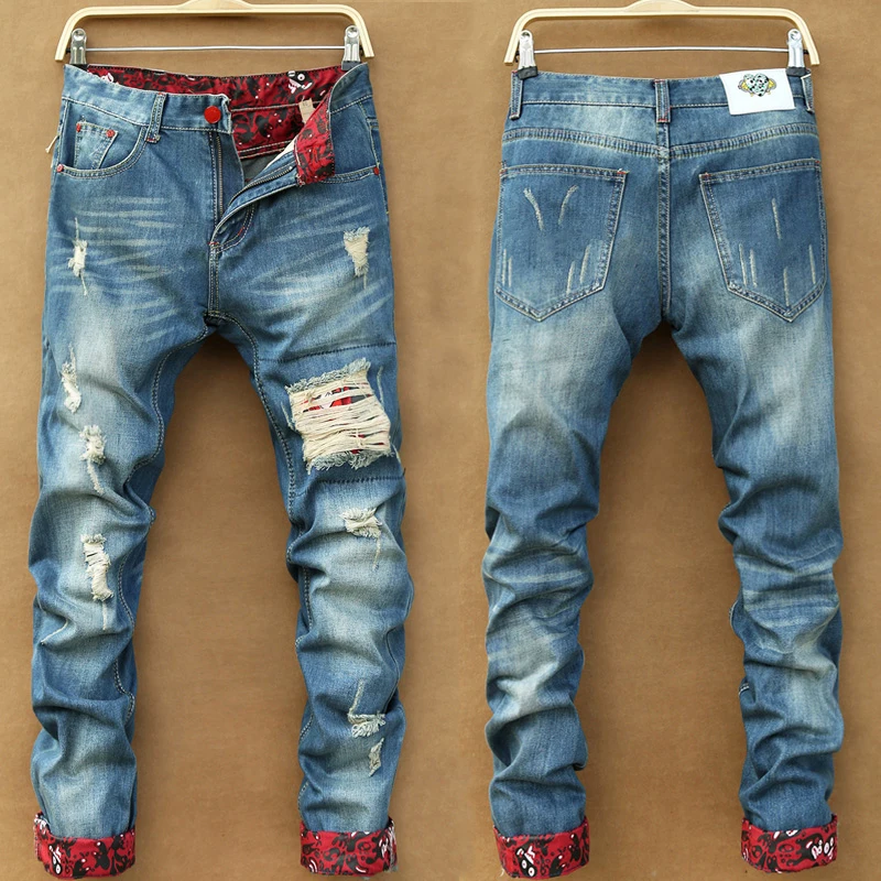 Новая мода для мужчин's Distressed джинсы для женщин с отверстиями обработанный кислотой Винтаж повседневное джинсовые штаны Прямые рваные джинсы для мужчин