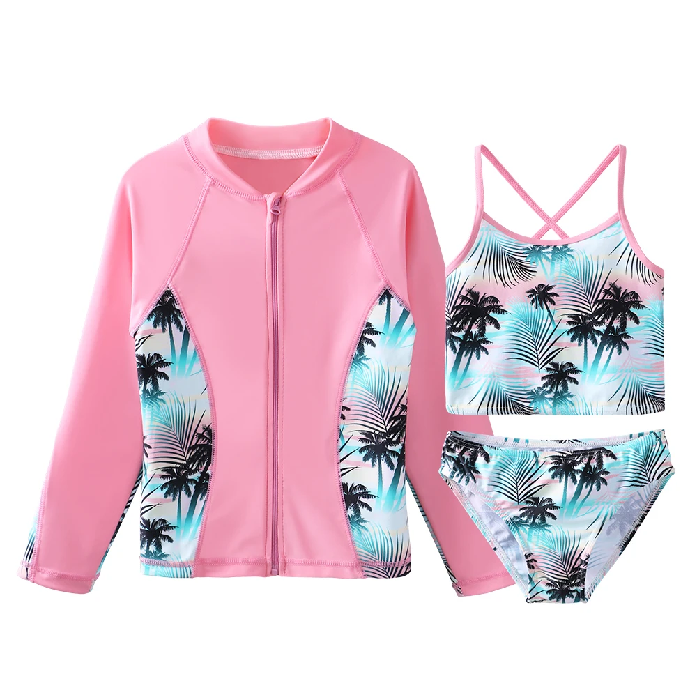 

BAOHULU Girl's Swimwear 3-piece Set Long Sleeve Swimwear Kids Round Collar Swimming suit Rash Guard UV Sun Protection Swimsuit