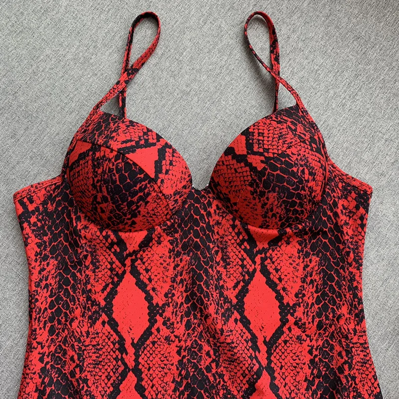 Dotrend High Cut Snake Print Bandage Bodysuit Women One Piece Suit Push Up Swimwear Rompers Female Sexy Bodycon Summer Bodysuit bustier bodysuit