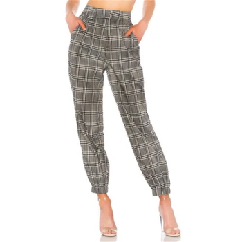 

High Waisted Pants 2018 Autumn Elegant Trousers Women Grey Plaid Stretchy Pants Ladies Elastic Waist Pencil Pants