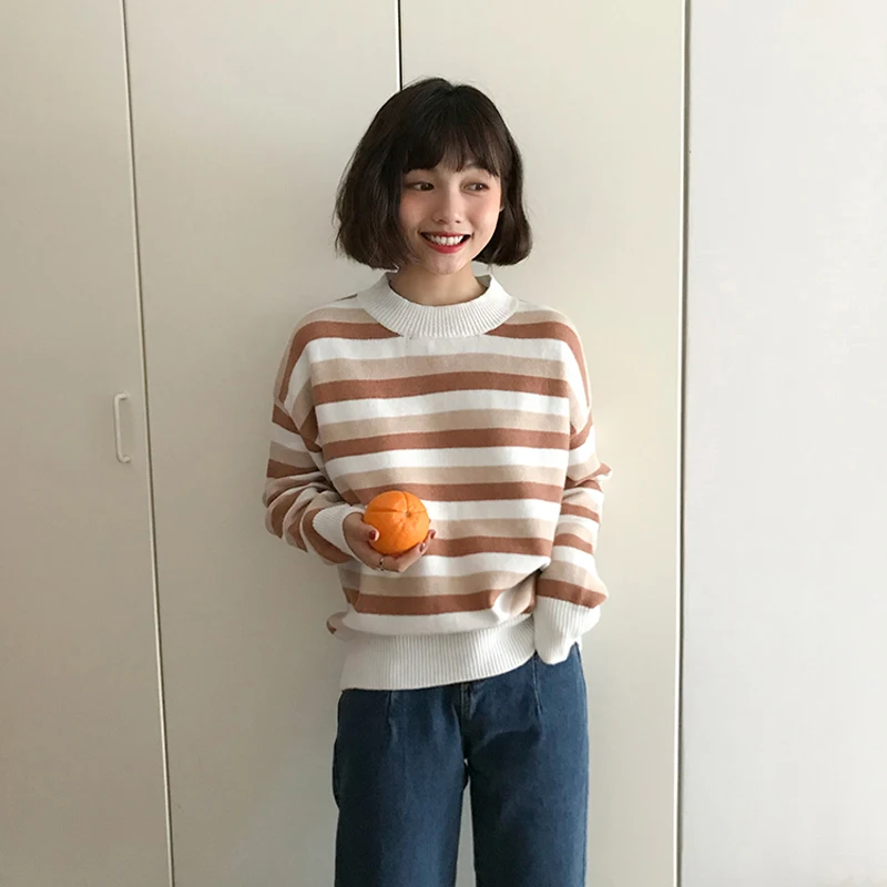 Koreanische Neue Adrette Streifen Langarm Gestrickte Pullover Frauen Herbst Winter Casual Pullover Jumper