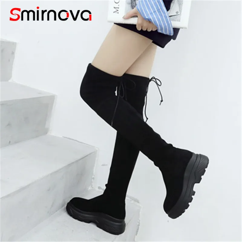 

Smirnova NEW arrive 2018 fashion thigh high boots ladies flat with flock woman boots high heel round toe over the knee boots