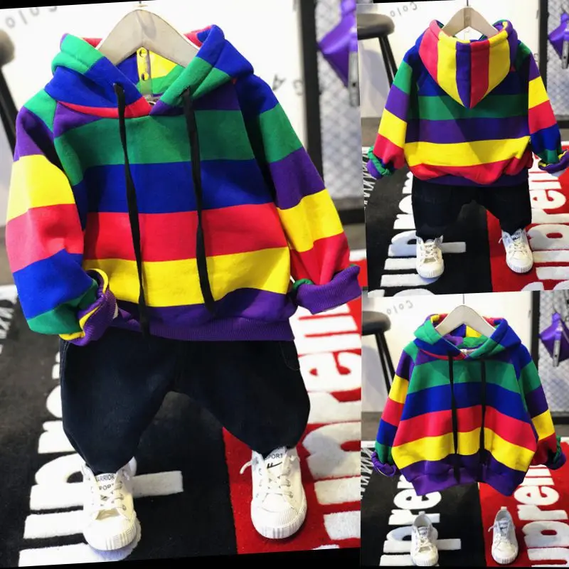 Детский Повседневный пуловер в разноцветную полоску с длинными рукавами; комплекты одежды с капюшоном; теплые зимние спортивные толстовки из плотного флиса