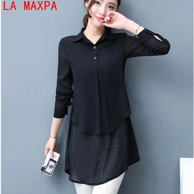 LA MAXPA otoño Plus tamaño Camiseta larga gasa 2019 de moda de manga larga blusas de mujeres señoras Tops negro dobladillo Irregular Ropa mujer