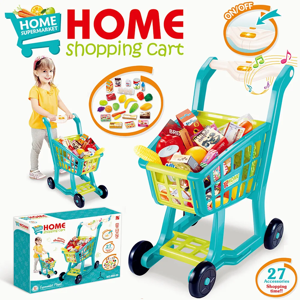 

Large Shopping Cart Vegetables Fruit Sets with Music and Lighting Shop Stroller with Wheels Supermarket Toy trolley for Children