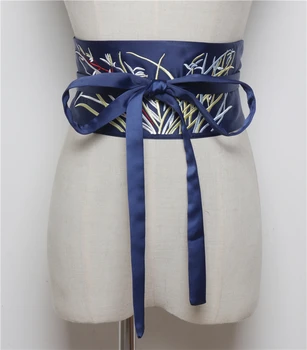 

2019 Chinese Embroidery Satin Fabric Waist Belt Women Vintage Wide Self-tie Bow Black White Caestus Waistband Dress Belt Strapy