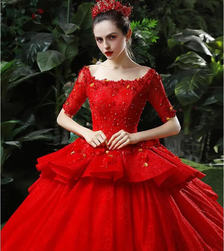 Luxury Arabic Red Wedding Dresses Beaded Ruffles Lace Appliques Bridal Gown Floor Length Bridal Dresses Vintage Bride Gown