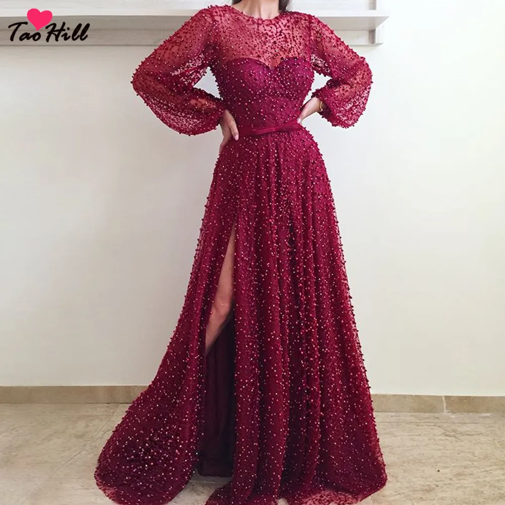 

TaoHill A-line Dubai Arbic Long Sleeve O-neck vestido longo Wine Red Pearls Design 2018 Bowknot High Split Evening Dress