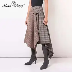 MIAOQING элегантная Офисная Женская юбка миди Лоскутная клетчатая Асимметричная винтажная юбка 2019 Весенние длинные юбки для женщин уличная