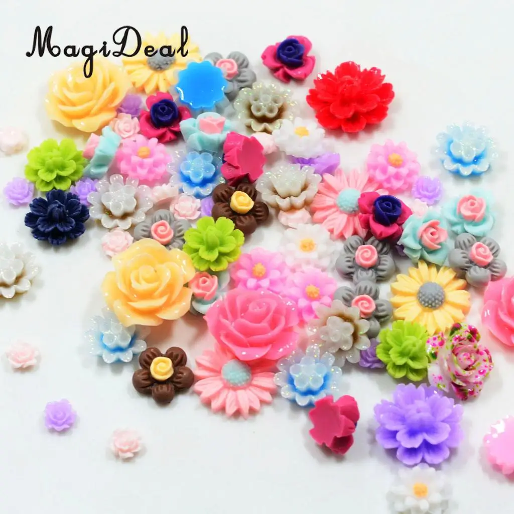 MagiDeal 50Pcs Assorted Colors Size Resin Rose Flower Carving Rose Flower Beads Accessories Synthetic stone material 