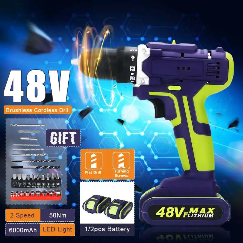 Professional 48Vf Cordless drill Daul-Speed Adjustment LED lighting Large capacity battery 50Nm 16+1 torque 28pcs Accessories