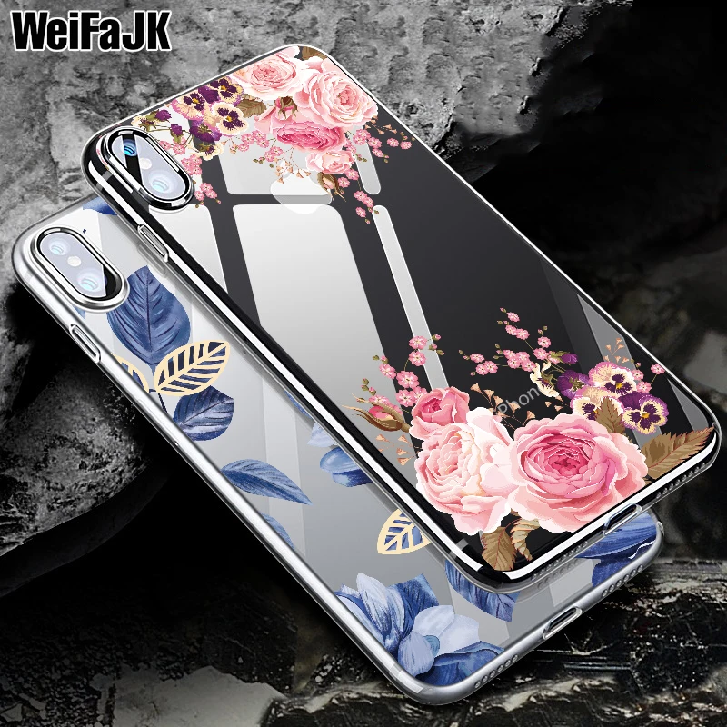 WeiFaJK Phone Case For iPhone 8 7 6 6s Girls Floral Silicone Cases For iPhone XS Max XR 8 7 6 6s Plus Clear TPU Soft Slim Cover