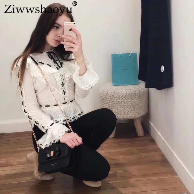 

Ziwwshaoyu Elegant party Top 100%cotton Stand Ruffles Flare Sleeve temperament Slim shirt 2019 new women's