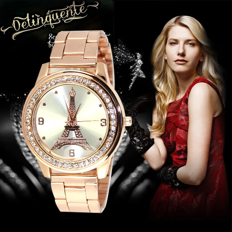 

2018 Fashion Women Eiffel Tower Gold Watch Ladies Stainless Steel Rhinestone Dress Quartz-Watch damske hodinky relogio feminino