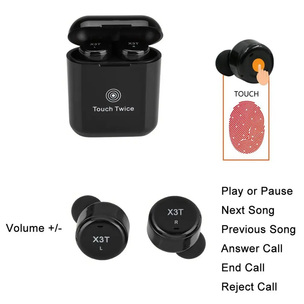 

TWS X3T Headset Mini HiFi Earbuds Built-in Mic Touch Control Waterproof Wireless 4.2 Earphones with Charger Box