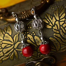 Модные Винтажные серьги с красными природными камнями, тибетские посеребренные Этнические серьги, китайские металлические висячие серьги
