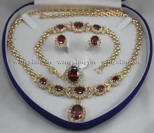 

***** Charming!Red Zircon Inlay Link Bracelet earrings Ring Necklace Set