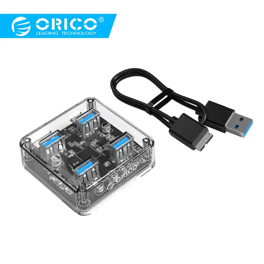 ORICO Прозрачный USB 3,0 концентратор 4 порта Высокоскоростной USB разветвитель с зарядным интерфейсом для Windows Mac Linux ноутбука ПК USB