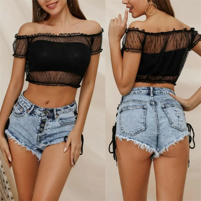

Summer Sexy Womens Off Shoulder Crop Tops Mesh Sheer See-through Dot T-Shirt Ladies Short Sleeves Slash Neck Pullover Tops