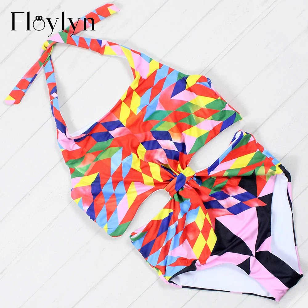 Floylyn Sexy Print One Piece Swimsuit 2018 Women Halter Swimwear