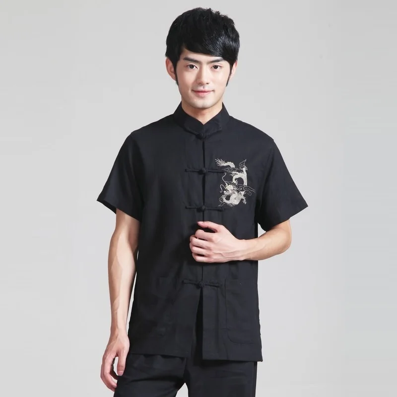 Для мужчин черный Цветная рубашка тайцзи хлопка белье тай-чи кунг-фу Костюмы Bruce Lee Винтаж китайский дракон вышивкой