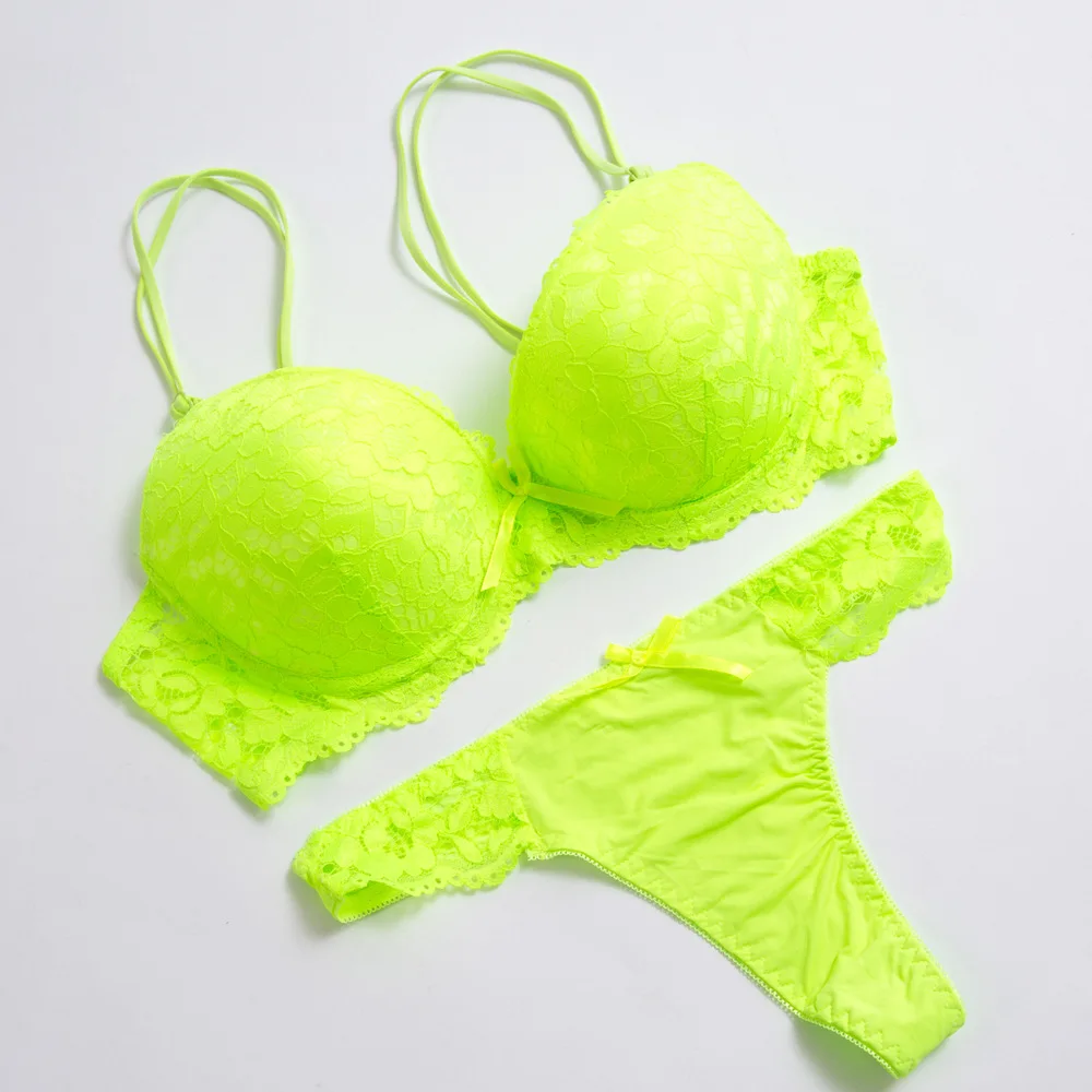 Neon Green Top Sexy Underwear Set Hot Bras Cotton Brassiere Women Lingerie Thong Set Lace Plus Size Push Up Bra Panties Sets